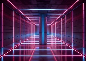Fototapeta premium Futuristic corridor with vibrant neon blue and pink lights.
