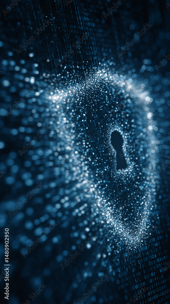 Poster abstract image of a keyhole formed by blue particles, set against a backdrop of binary code, suggest