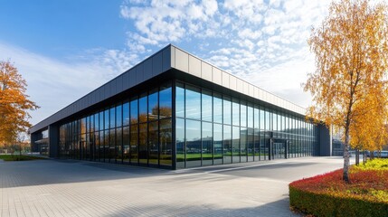 Obraz premium Solar-Powered Factory with Photovoltaic Roof Panels Industrial solar-powered factory, in the context of solar power production, modern architecture, clean design, bright daylight, wide-angle.