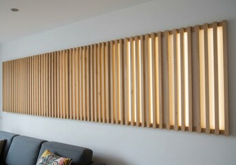 Wooden slat wall panel with gray sofa on transparent background