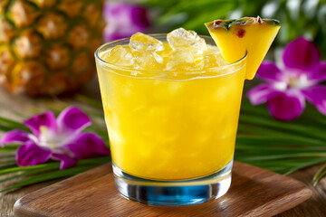 Refreshing tiki drink with pineapple garnish on a wooden table amidst tropical flowers and palm leaves. Refreshing tiki drink garnished with pineapple on a wooden table surrounded by tropical flowers