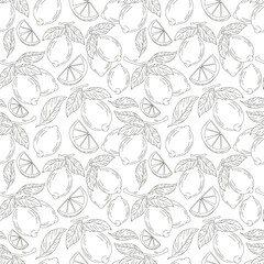 Seamless black and white lemon pattern with slices and leaves. Line art style. Perfect for packaging, wrapping paper, textiles, and backgrounds.