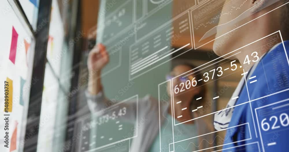 Poster team collaborating in high-tech office, using transparent touchscreen with floating data panels