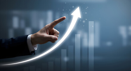 Success Concept: Businessman's Finger on Glowing Arrow & Bar Graph, Corporate Achievement & Vision