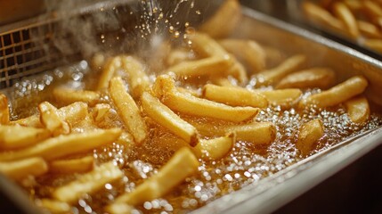 Golden French Fries Piled High in a Deep Fryer: A Closeup of Fast-Food Cooking Bliss