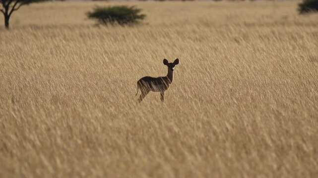 Steenbok fawn standing still in the african savanna