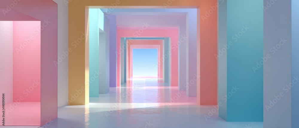 Wall mural pastel colored corridor with repeating arches and sky view, creating a dreamy and surreal architectu