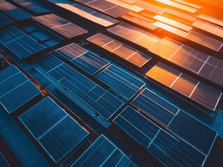 Suburban rooftop with blue solar panels, in the context of residential renewable energy, warm sunset light, neutral and natural tones, aerial drone shot