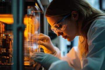 Scientist working on next-gen solar battery in clean lab, in the context of research and development innovation, close-up shot, cool lighting, documentary photography
