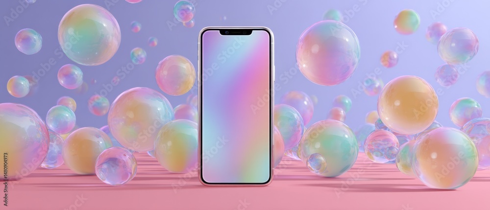 Canvas Prints modern smartphone with blank screen surrounded by iridescent bubbles on a pastel background concept 