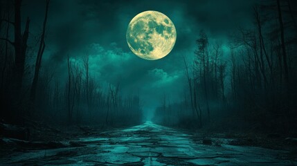 Spooky moonlit forest road