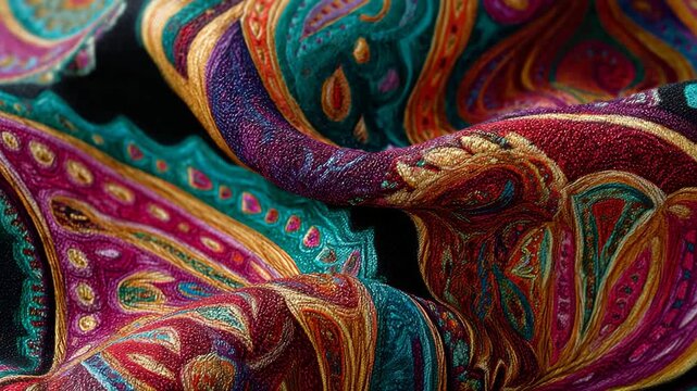 A vibrant close-up of a luxurious fabric featuring intricate paisley patterns and rich colors, perfect for fashion, textiles, and artistic inspiration.