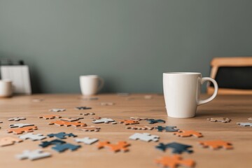 Enjoying a quiet afternoon with a cup of coffee and a jigsaw puzzle on a wooden table in a cozy room