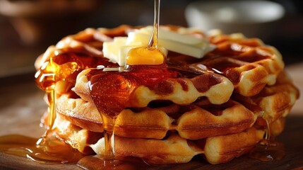 A stack of golden waffles topped with pats of butter and drizzled with dripping maple syrup
