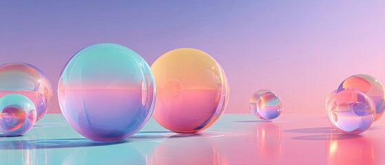 Gradient Spheres with Iridescent Reflections on a Pastel Background Abstract concept of futuristic design, smooth textures, and vibrant colors