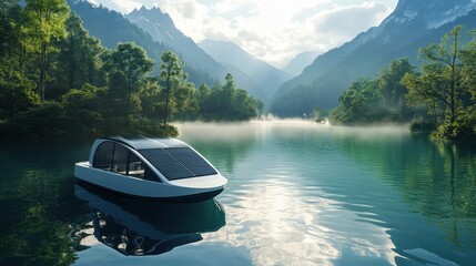Electric boat powered by solar energy on mountain lake, in the context of serene lake, early misty morning, blues and greens, calm wide view