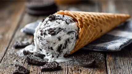 A stunning image of cookies and Cream Ice Cream Scoop in Waffle Cone on Rustic Wooden Table, Summer Dessert.