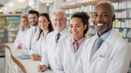Fototapeta premium Diverse and smiling team of pharmacists standing behind a pharmacy counter.