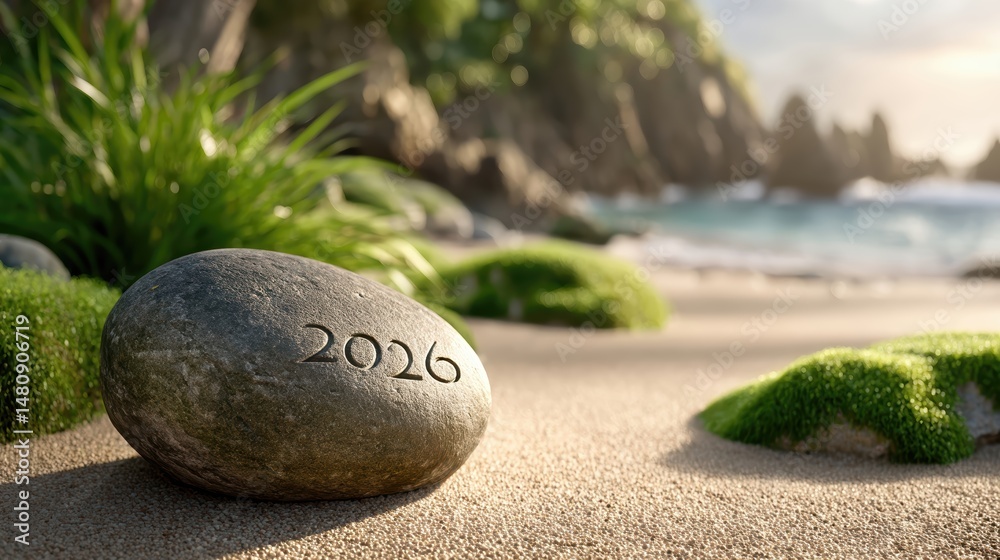 Poster engraved symbol 2026 on stone at serene beach location with natural elements surrounding it