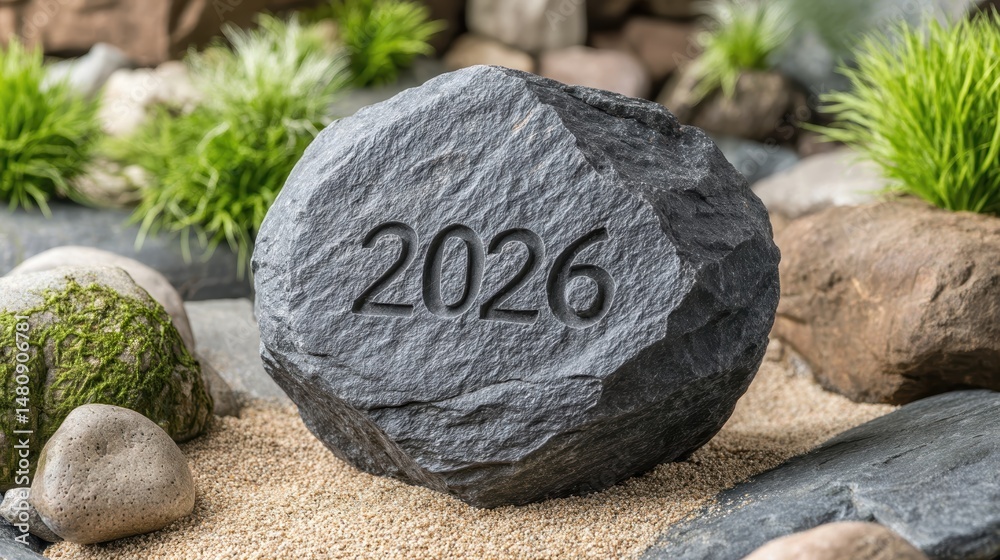 Poster engraved symbol 2026 on a smooth stone surface with natural elements in serene garden setting