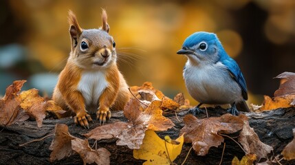 Squirrel and Bird on Autumn Log