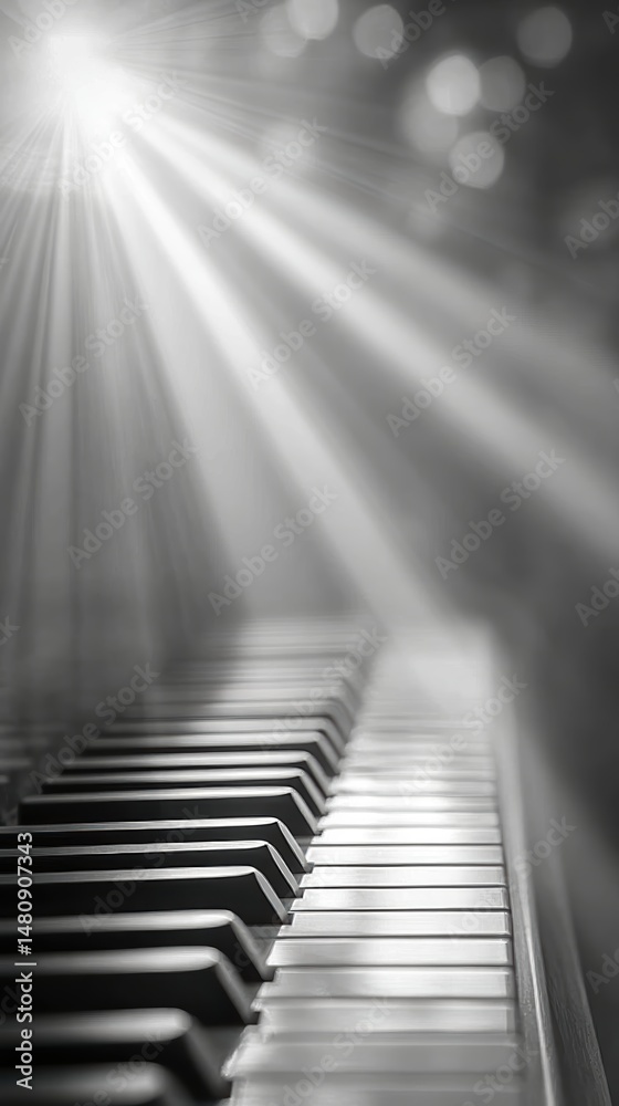 Poster close up of piano keys illuminated by soft sunlight creating a minimalist atmosphere