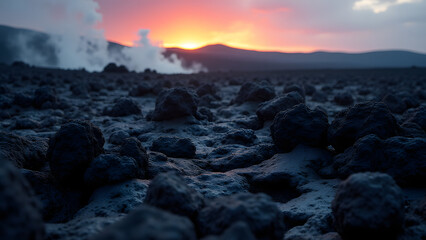 Obraz premium Rugged black lava field with porous volcanic rocks under dramatic twilight sky, extreme texture detail for HD wallpapers.