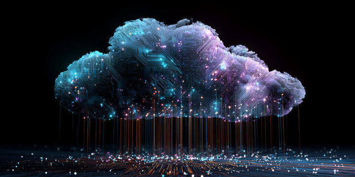 Cloud-shaped digital circuit board with glowing lines, symbolizing data storage, network, and technology connection