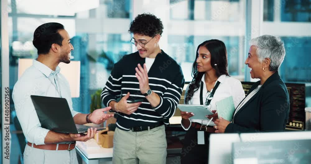 Aufkleber People, programmer and high five with laptop in office of programming, software solution and success. Staff, team or congratulations for server update, coding winner and celebration of app innovation