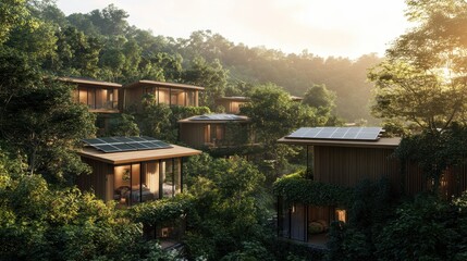 Eco-village powered by solar energy, in the context of forest sustainable living, soft filtered sunlight, greens, browns, and warm yellows, nature-focused wide view