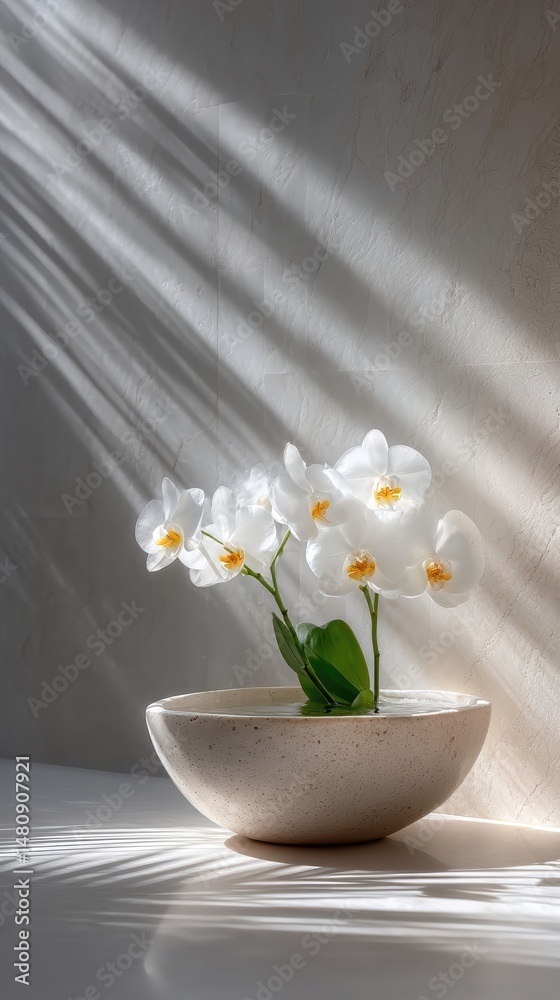 Poster close up of a delicate white orchid floating in still water surrounded by soft palm shadows