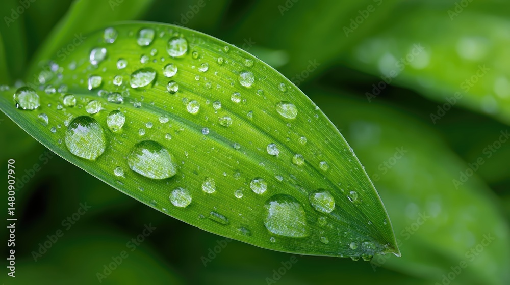 Poster close up view of green ti leaf surface showcasing dew drops and intricate veins