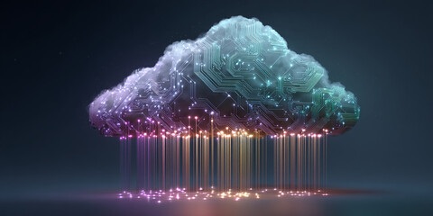 Cloud shaped like circuit board, glowing lines, data flow concept, symbolizing digital technology, innovation and connection, ideal for tech background
