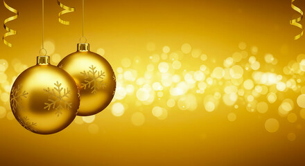 Golden Christmas Ornaments Hanging Background with Festive Bokeh Lights