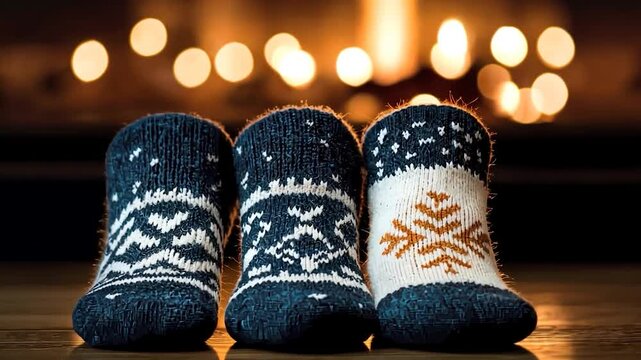 Cozy patterned socks by fireplace.