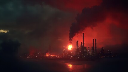 Fototapeta premium Illuminated Oil Refinery at Night: A Glimpse into the Gas and Crude Oil Industry Under the Night Sky