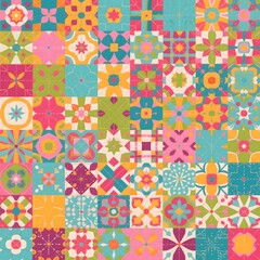Vibrant Colorful Tile Pattern Seamless Texture Background Geometric Design with Floral and Abstract Motifs for Textile, Fabric, Wallpaper, and Surface Design Projects