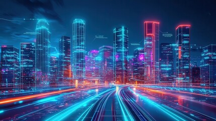 Night smart city powered by renewables, in the context of cyberpunk digital art, neon reflections, dark ambient tones, wide-angle cyber-style view