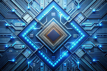 Abstract digital circuit board with glowing blue led lights and geometric design