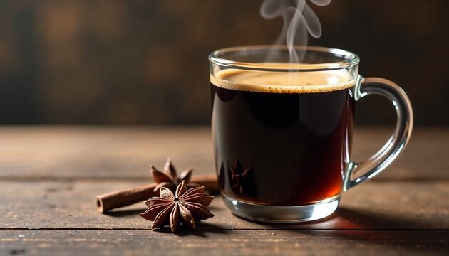 Steaming cup of coffee with cinnamon and star anise spices on a wooden table background