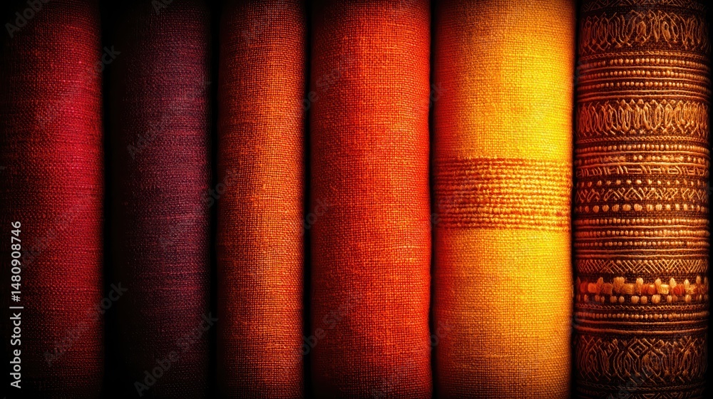 Aufkleber colorful ethnic patterns on fabric rolls arranged in a vibrant display in a market stall