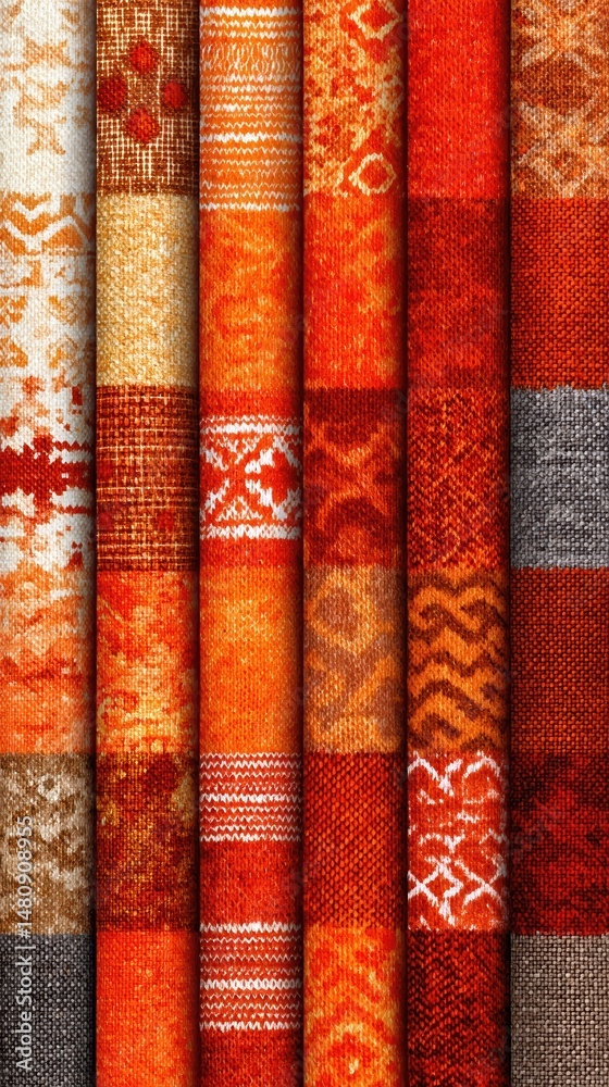 Poster ethnic patterns featuring vibrant red and orange fabrics arranged in a textural display