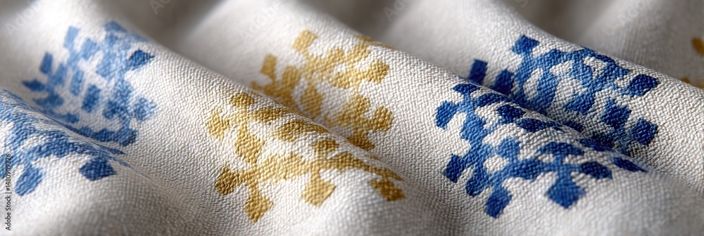 Poster unique ethnic textures with blue and gold patterns on minimalistic fabric draping softly