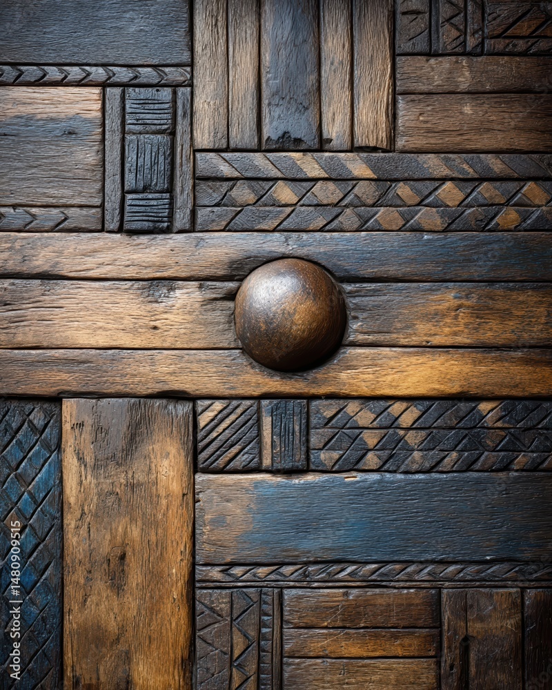 Poster Intricate Ethnic Textures and Patterns Captured in a Minimal Photorealistic Style on Wooden Surfaces