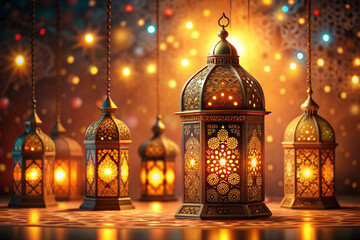 Fototapeta premium Decorative lanterns illuminate a festive atmosphere with warm lights and bokeh effect