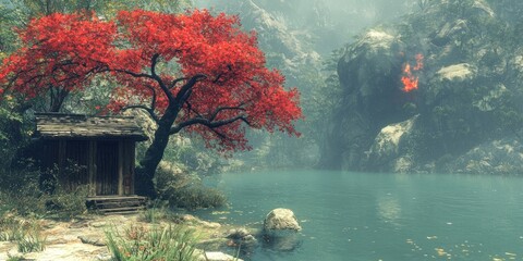 Serene lakeside scene with a rustic hut nestled beneath vibrant red foliage, overlooking tranquil waters and misty mountains