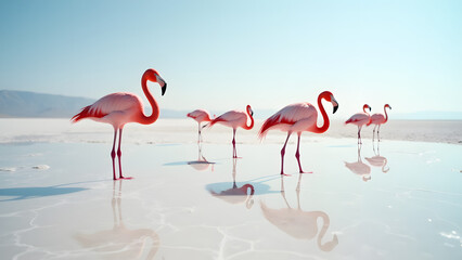 Obraz premium Pink flamingos contrasting against white salt flats in this vibrant HD nature and wildlife wallpaper.