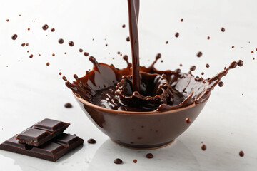 Fototapeta premium Delicious chocolate splash pouring into a bowl with scattered droplets and chocolate bars