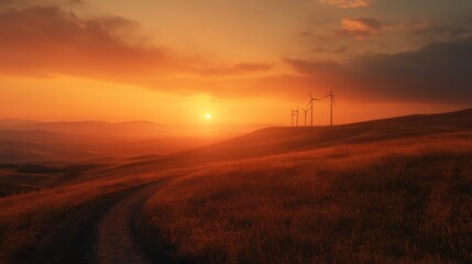 Wind farm on hill at sunset with turning turbines, in the context of clean wind energy production, golden sky, warm oranges, deep blues, soft scenic tones