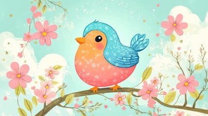 Charming pink and blue bird on blossom branch springtime illustration